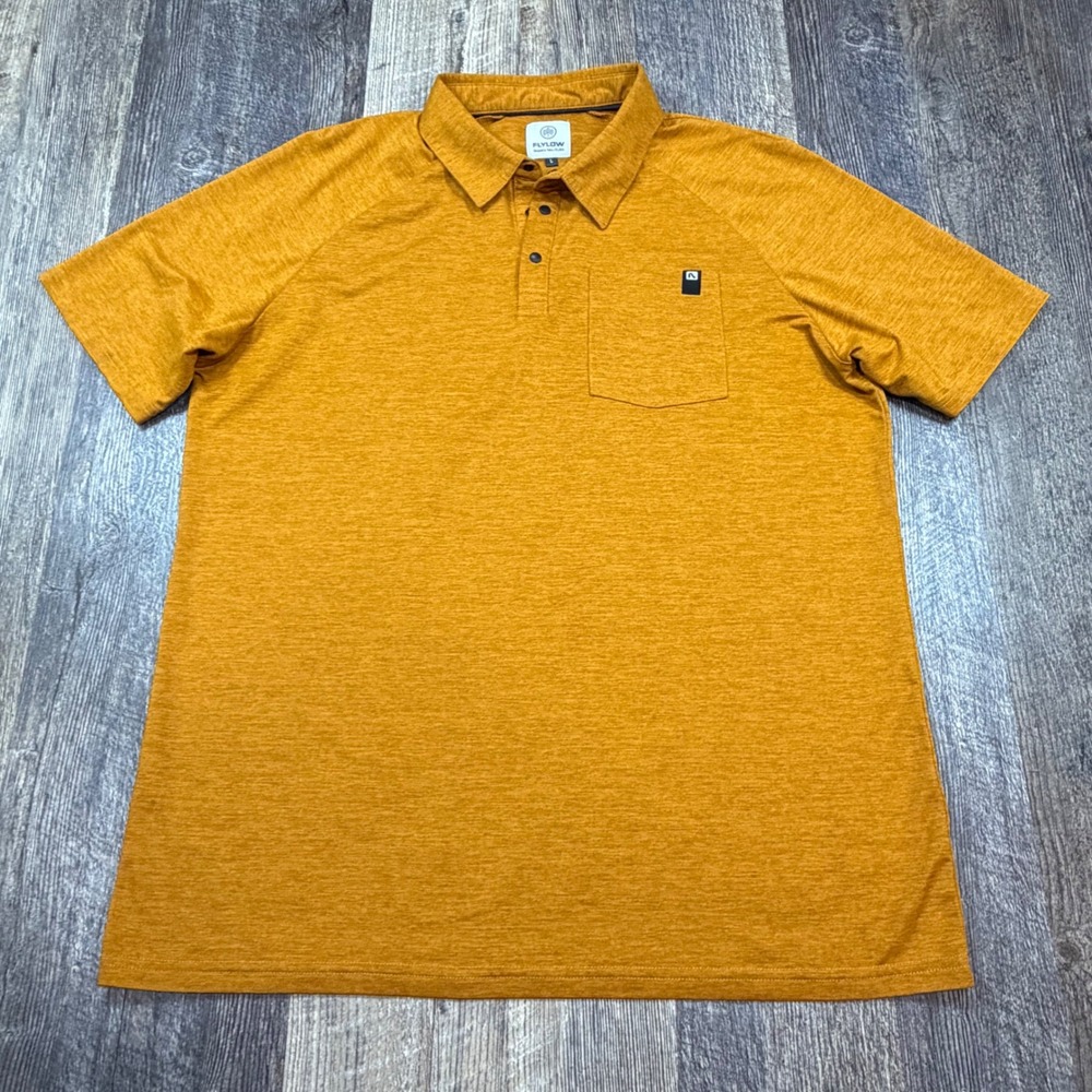 Flylow Gear Polo Shirt Mens Large Mustard Yellow Short Sleeve Snap Button Pocket